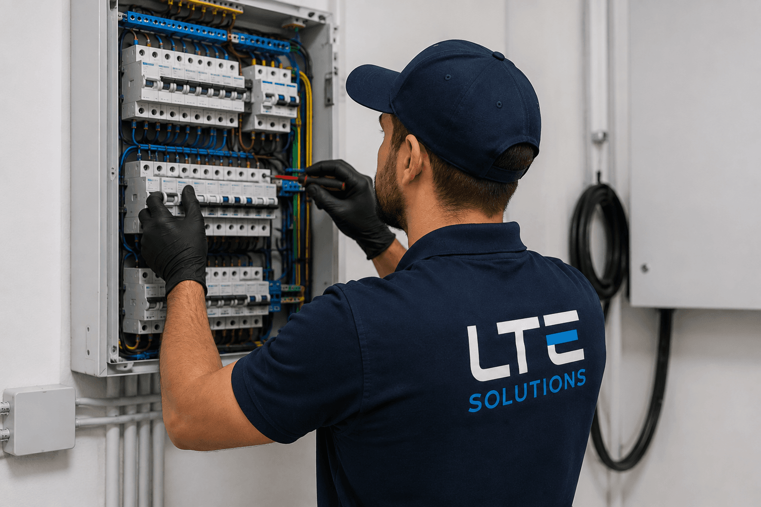 Électricien professionnel intervenant sur un tableau électrique